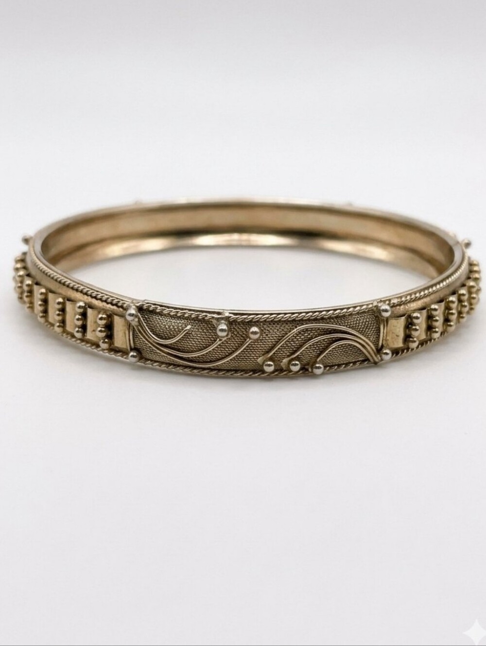 Elegant Gold Tone Ornate Swirled Wirework, Mesh & Beaded Bangle Bracelet